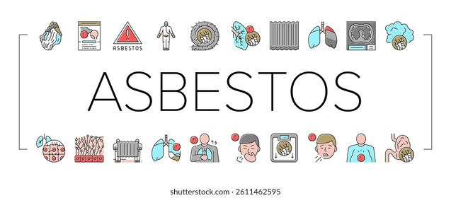 Asbestos Material And Problem Icons Set Vector. Asbestos Removal Service And Protection, Lung And Abdominal Pain Mesothelioma Health Disease, Painful Coughing Symptom Color Illustrations