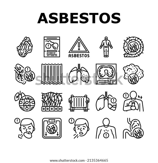 Asbestos Material And Problem Icons Set\
Vector. Asbestos Removal Service And Protection, Lung And Abdominal\
Pain Mesothelioma Health Disease, Painful Coughing Symptom Black\
Contour Illustrations