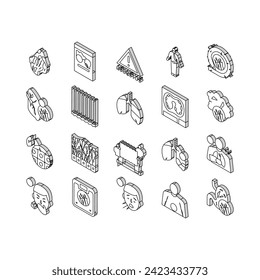 Asbestos Material And Problem isometric icons set. Asbestos Removal Service And Protection, Lung And Abdominal Pain Mesothelioma Health Disease, Painful Coughing Symptom Color