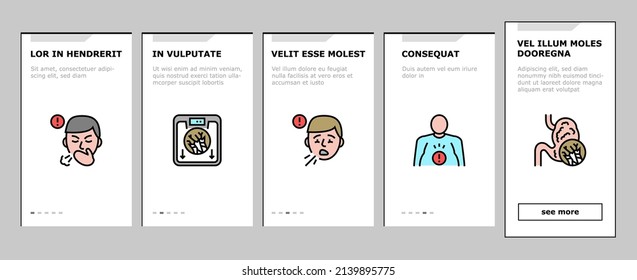Asbestos Material And Problem Onboarding Mobile App Page Screen Vector. Asbestos Removal Service And Protection, Lung Abdominal Pain Mesothelioma Health Disease, Painful Coughing Symptom Illustrations