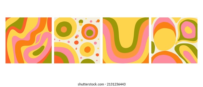 Asbstract background set. Square retro style backdrop, hippie poster, Orange pink and yellow colors, paint blobs, scribble summer social media posts temlpate, vintage banner, vector illustration