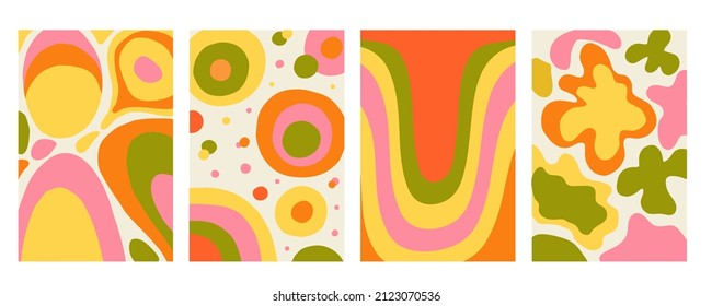 Asbstract background set. Vertical retro style backdrop, hippie poster, Orange pink and yellow colors, paint blobs, scribble summer social media stories temlpate, vintage banner, vector illustration