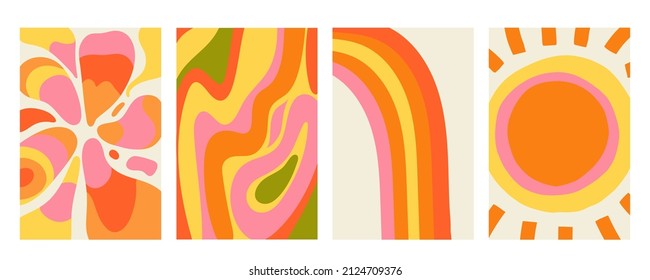 Asbstract background set. Vertical retro style backdrop, hippie poster, Orange pink and yellow colors, paint blobs, sun and rainbow, social media stories temlpate, vintage banner, vector illustration