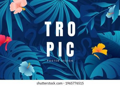 Asbtact floral background with tropical leaves, plants, flowers and place for text. Jungle foliage backdrop. Summer banner design. Vector illustration.