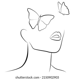 Asbtract face with a butterfly. Fashionable print. Minimalist female beauty. Continuous line, drawing of established faces and hairstyles, fashion concept, minimalist female beauty. A modern portrait.