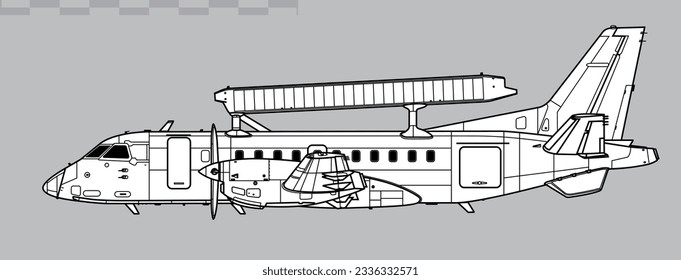 ASC 890. Saab 340 AEWC. Vector drawing of airborne early warning and control aircraft. Side view. Image for illustration and infographics.