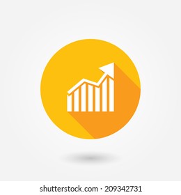 Ascendant bars graphic icon with rising arrow on isolated background. Flat icon with long shadow. Upward graph arrow chart vector flat, grow, gain, improvement, bar, diagram