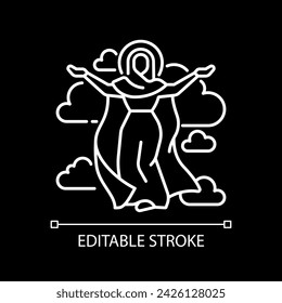 Ascended virgin mary white linear icon for dark theme. Assumption of Mary to heaven. Immaculate mother of God. Isolated vector illustration. Simple filled line drawing. Editable stroke