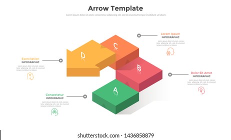 Ascending arrow-like chart divided into 4 colorful pieces and place for text. Concept of four stages of startup project growth. Volumetric infographic design template. Modern vector illustration.