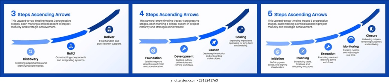 Ascending Arrows Timeline Infographic Set with 3 Phrases, 4 Steps and 5 Stages. Flat Vector Presentation Template on Clean Background for Presentation and Social Media Banner