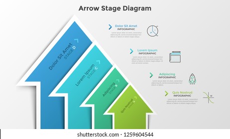 Ascending bar chart with 4 colorful arrow-like elements. Stage diagram. Modern infographic design template. Vector illustration for business growth and progressive development process visualization.