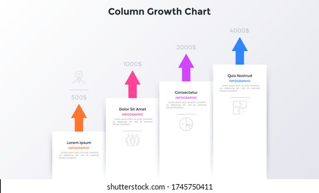 Ascending Bar Chart With 4 Paper White Columns And Upward Pointing Arrows Placed In Horizontal Row. Concept Of Four Stages Of Profit Growth. Simple Infographic Design Template. Vector Illustration.