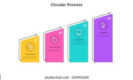 Ascending bar graph with 4 colorful columns placed in horizontal row. Concept of four successive steps of business growth and development. Simple infographic design template. Flat vector illustration.