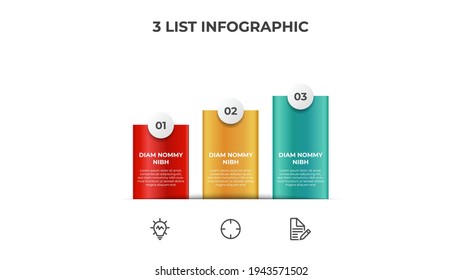 Ascending block list with 3 points, infographic element template with steps diagram vector