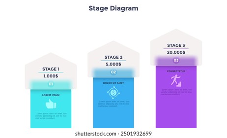 Ascending chart with 3 columns placed in horizontal row. Concept of three stages of company's income growth. Simple infographic design template. Modern flat vector illustration for financial report.