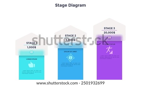 Ascending chart with 3 columns placed in horizontal row. Concept of three stages of company's income growth. Simple infographic design template. Modern flat vector illustration for financial report.