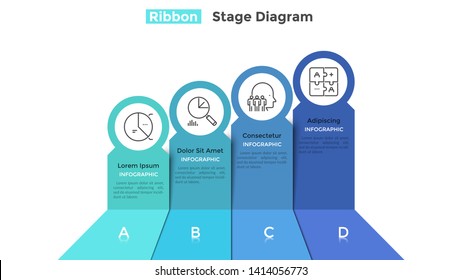 Ascending chart with 4 colorful ribbons. Concept of four development stages of business plan. Realistic infographic design template. Modern vector illustration for presentation, progress bar.