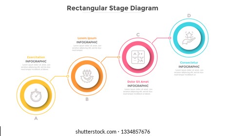 Ascending chart with 4 connected colorful round elements. Concept of four steps of progressive business development. Minimal infographic design template. Flat vector illustration for presentation.