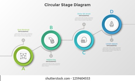 Ascending chart with 4 round paper white elements. Circular stage digram. Modern infographic design template. Vector illustration for business growth and progressive development visualization.