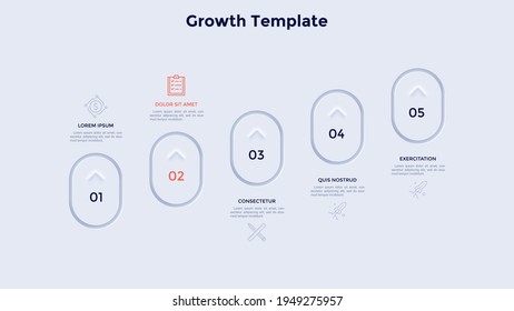 Ascending chart with 5 rounded elements. Concept of five successive stages of business profit growth strategy. Neumorphic infographic design template. Modern vector illustration for presentation.