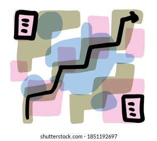 Ascending chart and document icons; Abstract illustration  like woodblock print