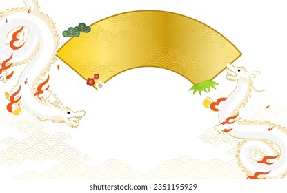 Die aufsteigenden und absteigenden Drachen und japanisches traditionelles fächerförmiges Material für den Erstverkauf des Neujahrs, mit Kopienraum, Vektorgrafik