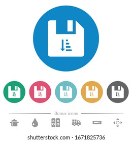 Ascending file sort flat white icons on round color backgrounds. 6 bonus icons included.