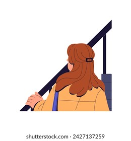 Ascending girl holds hand on banister back view. Young woman climbs stairs. Person goes up on stairway. Character steps on ladder upstairs. Flat isolated vector illustration on white background