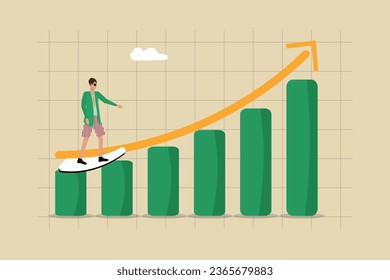 Ascending increase of income, capital and wealth, exponential growth of sales or ascension, financial report chart with growing arrow and businessman surfing on this wave