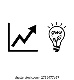 Ascending line chart and glowing lightbulb with a sprouting plant and the word growth symbolizing business advancement, financial success, sustainable innovation and profitable investment
