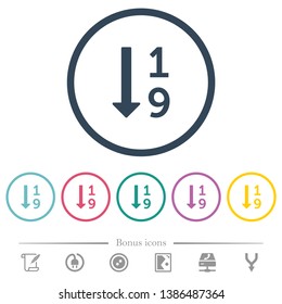 Ascending numbered list flat color icons in round outlines. 6 bonus icons included.