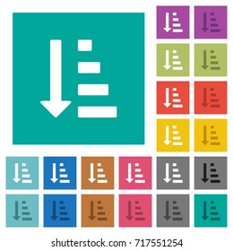 Ascending ordered list mode multi colored flat icons on plain square backgrounds. Included white and darker icon variations for hover or active effects.