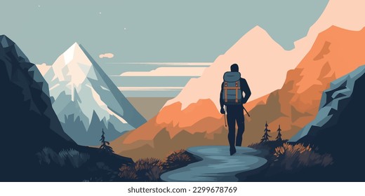 Ascending to the Peaks  A Vector Journey of a Backpacker into the Mountains