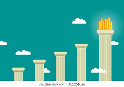 Ascending pillars with heaps of gold coins at the final one.