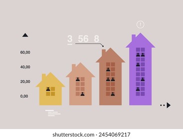 Ascending Property Value Illustrated in a Housing Market Infographic, Stylized buildings aligned with rising graphics showcasing investment growth