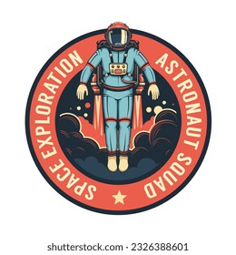 Ascending in smoke astronaut in spacesuit - retro badge. Vintage space emblem. Vector illustration.