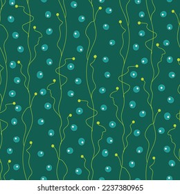 Ascending Spawn. Vector blue-green seamless pattern. Frogspawn ascending like rows of bubbles between elegantly waving algae on a dark background. Part of Our Little Pond collection.