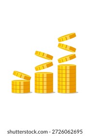Ascending Wealth verfügt über drei wachsende Stapel von Goldmünzen mit fallenden Stücken. Sie steht für den finanziellen Fortschritt und die Dynamik des Erfolgs.