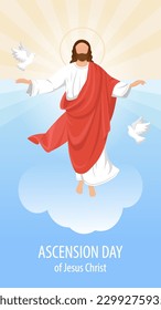 Ascension Day design with Jesus Christ in the sky vector illustration. Illustration of the ascension of Jesus Christ.Jesus in radiance with a halo.