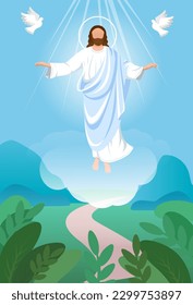  Ascension Day design with Jesus Christ in the sky vector illustration. Illustration of the ascension of Jesus Christ.Jesus in radiance with a halo.