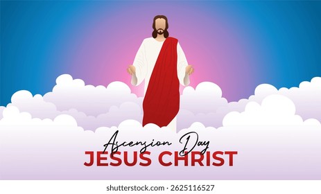 Ascension Day design with Jesus Christ in the blue purple gradient sky vector illustration. Illustration of the ascension of Jesus Christ.
