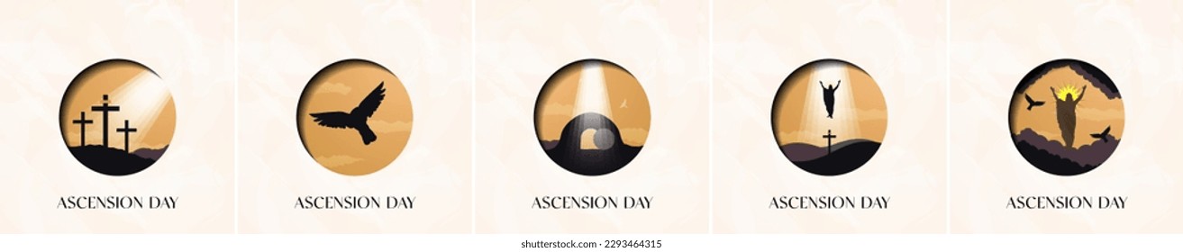 Ascension Day Icon Poster Designs. Beautiful Minimalist Ascension Day poster cards. Three crosses, holy spirit, Mount of Olive, Jesus ascension, clouds, sky, tomb. Editable Vector Illustration. EPS 10 svg