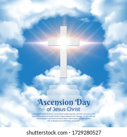 
Ascension Day of Jesus Christ design with realistic clouds, cross, and blue sky. Suitable for greeting card, poster, celebrating card, banner, background, social media.
