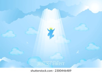 Ascension day of Jesus Christ Design. Beautiful heaven background, jesus ascending to heaven with holy light. Jesus Christ rising into sky. Vector Illustration. EPS 10. svg