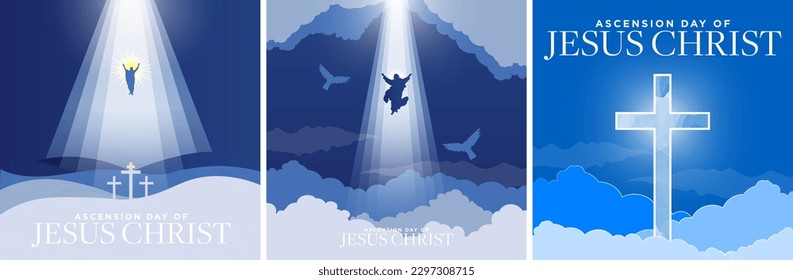 Ascension day of Jesus Christ Greeting Card Poster Set in blue monochromatic color. Jesus rising to heaven in heavenly light above surrounded by clouds. Big cross in watercolor.  Vector Illustration. 
