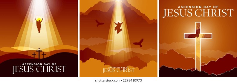 Ascension day of Jesus Christ Greeting Card Poster Set in solemn sunset colors. Jesus rising to heaven in heavenly light above surrounded by clouds. Big cross in watercolor.  Vector Illustration. 