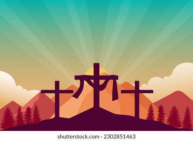 Ascension Day of Jesus Christ, Isa Al Masih, Good Friday. Cross on the hill with mountain and sunset background. 