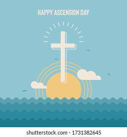 Ascension day of Jesus Christ vector illustration. Christian cross into the ocean, sky, clouds and sun