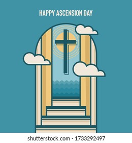 Ascension Day Of Jesus Christ Vector Illustration. Christian Cross Into The Sky, Ocean And Clouds. Door And Stairs To The Sky