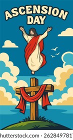 Ascension Day of Jesus Christ with wood cross in the island vector illustration. Illustration of the ascension of Jesus Christ.